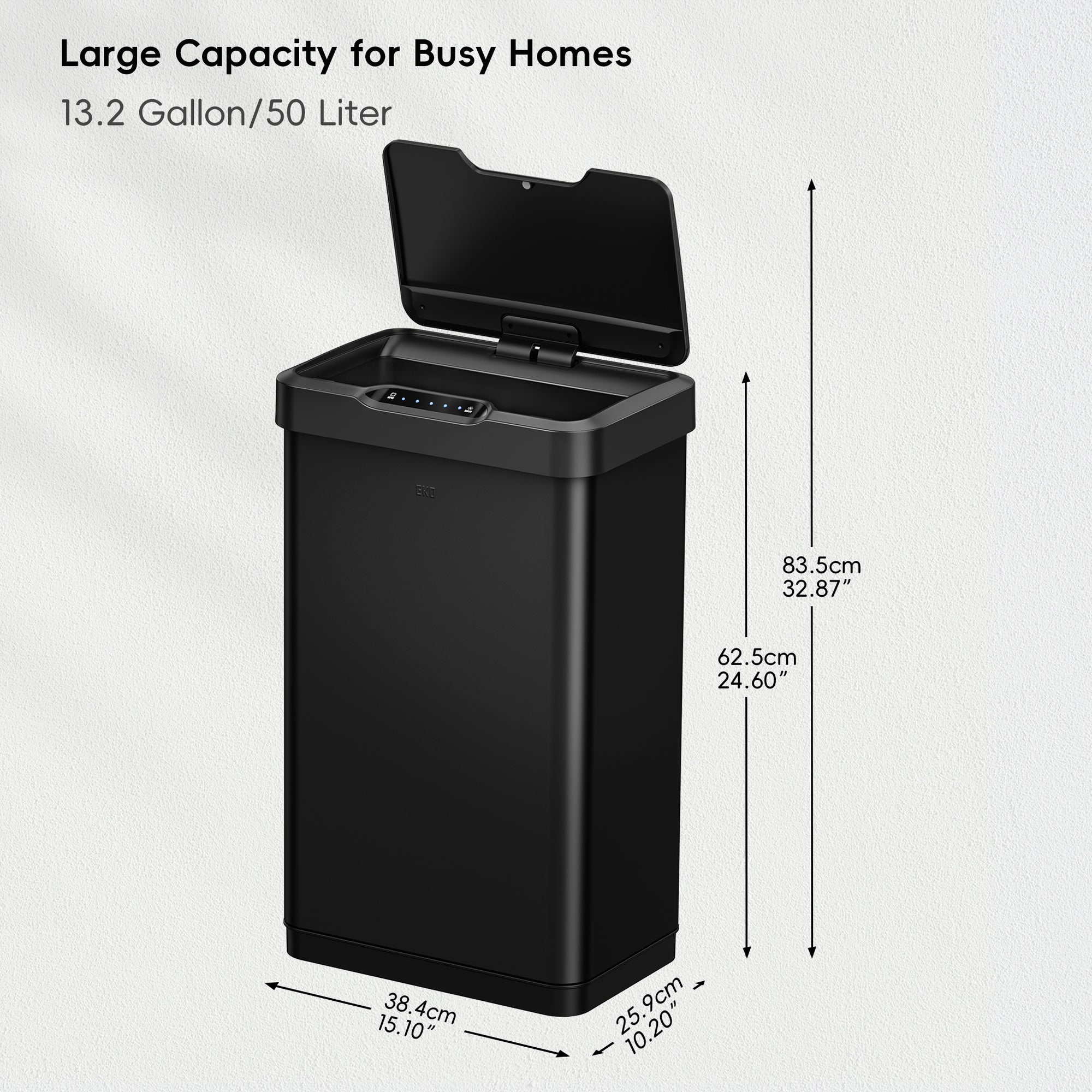 EKO Mirage-T  50Liter / 13.2 Gallon  Stainless Steel Motion Sensor Trash Can - Matte Black – Large Capacity for Busy Homes