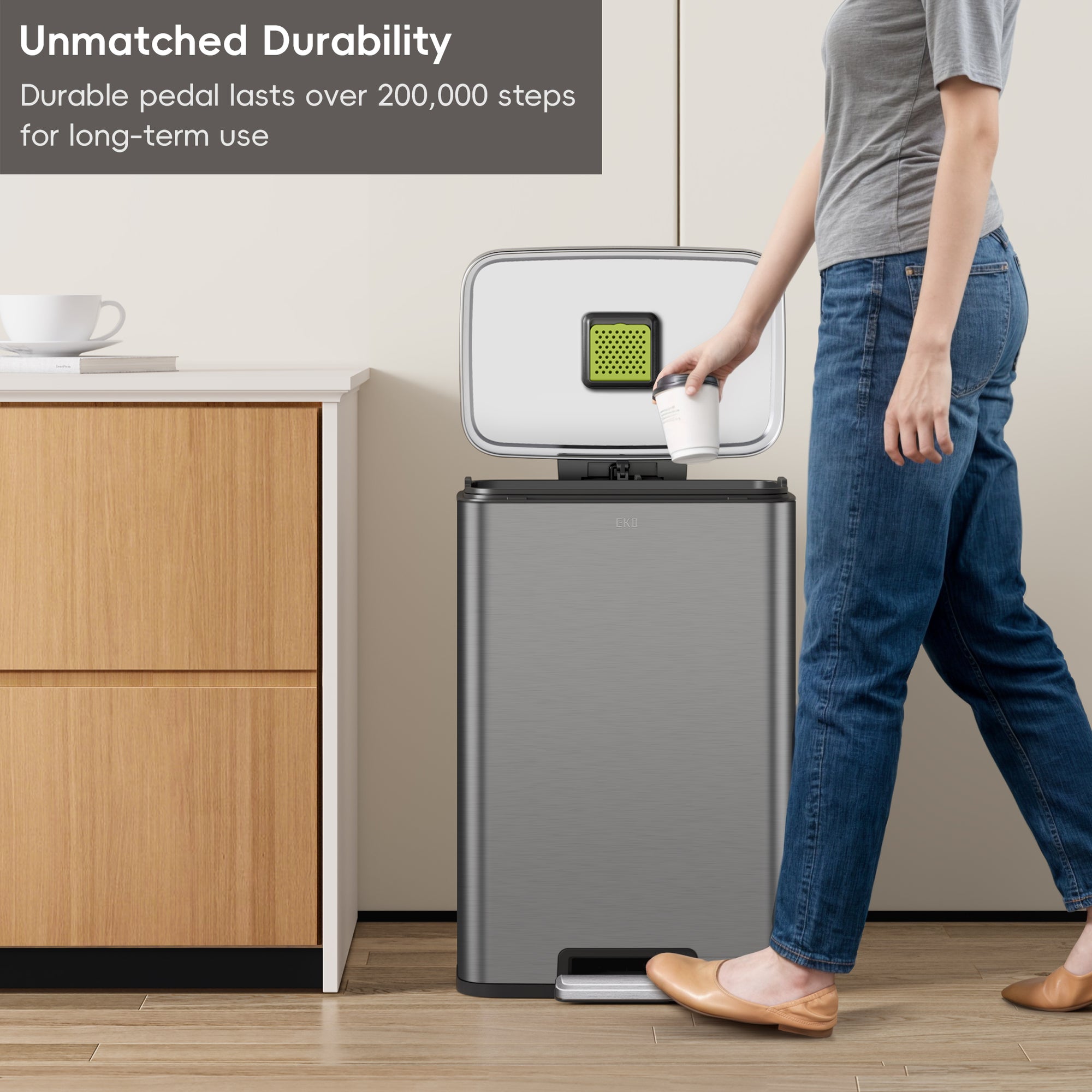 EKO Madison Gunmetal Steel 50 Liter/13.2 Gallon Step Trash Can with Inner Liner – Unmatched Durability - Durable pedal lasts over 200,000 steps for long-term use