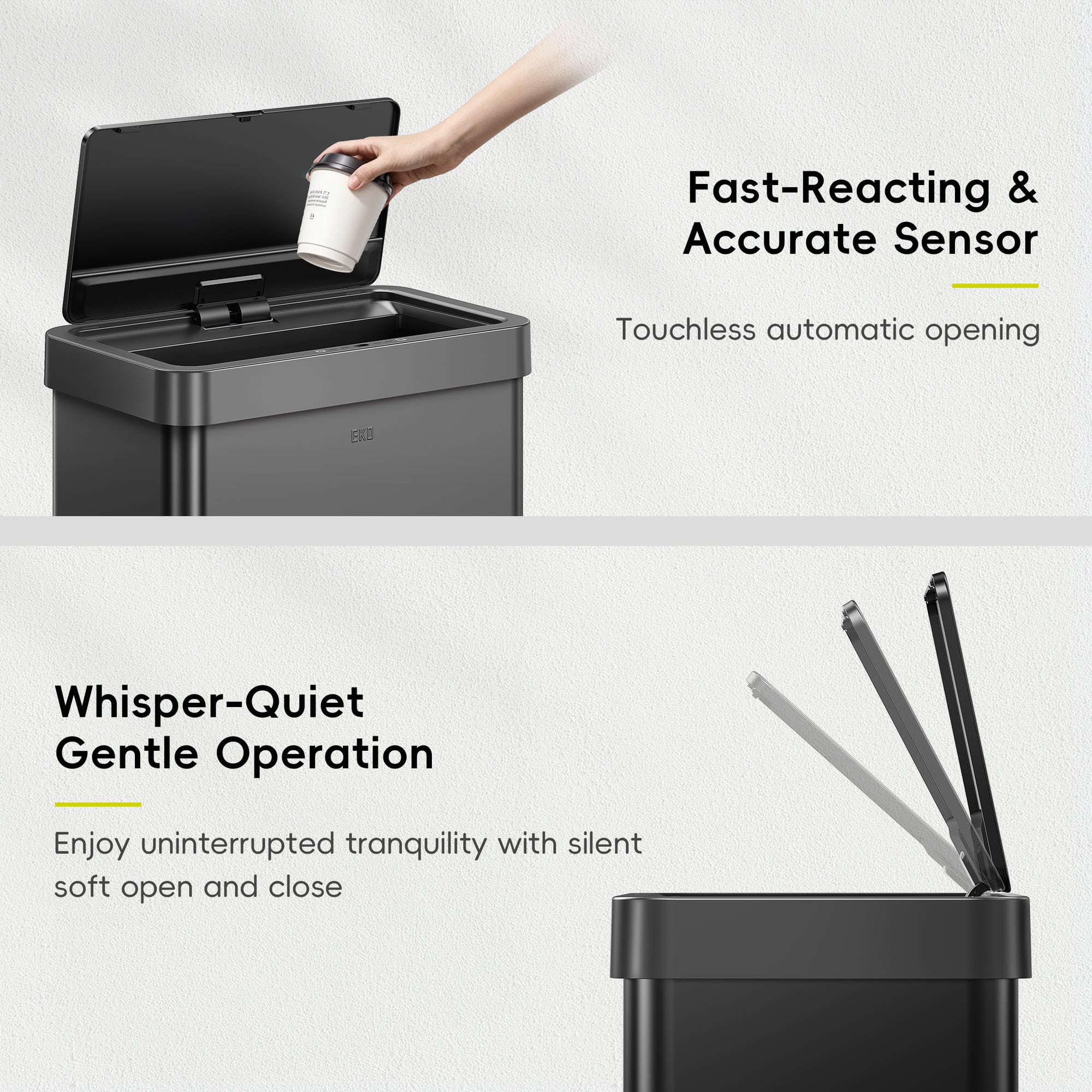 EKO Mirage-X  80Liter / 21.1 Gallon Motion Sensor Can - Matte Black – Fast-Reacting & Accurate Sensor – Whisper-Quiet Gentle Operation