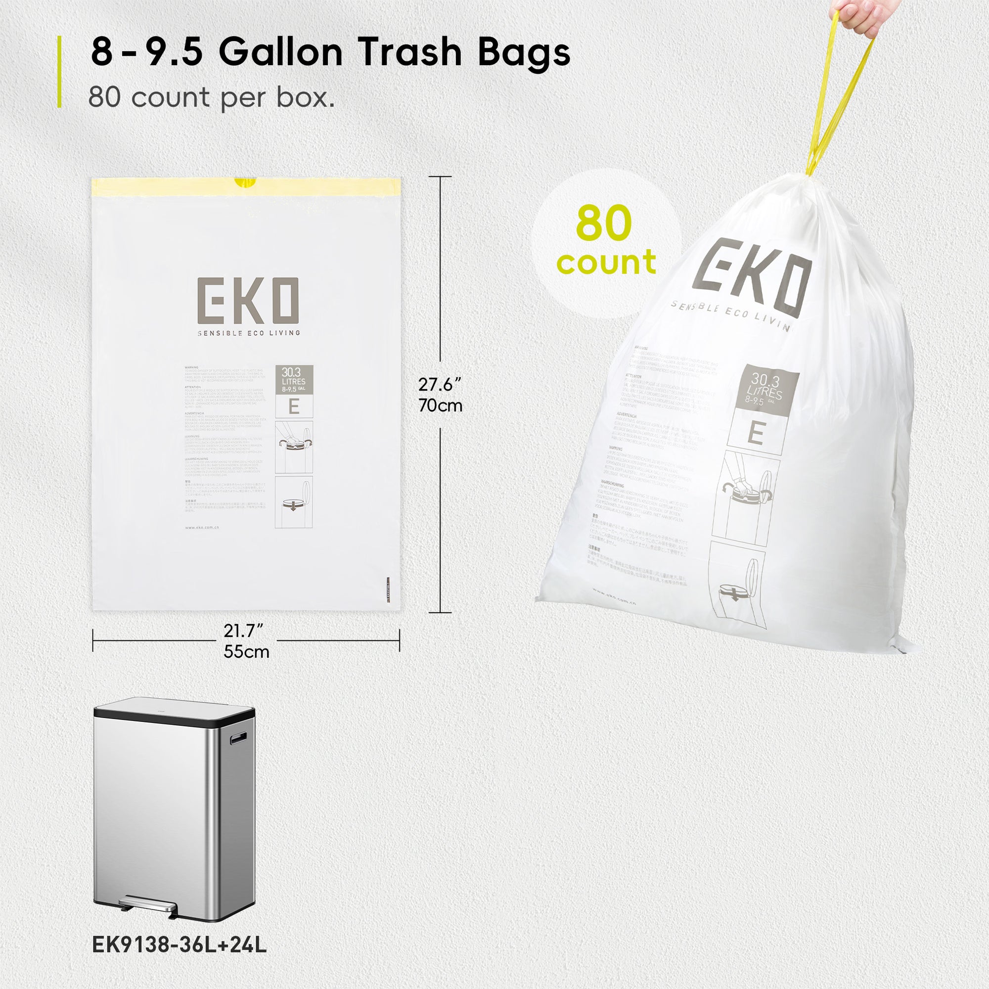 EKO Code E - 8 Gallon Easy-Dispense Roll Trash Bag - 80 Count (30.3-36L) – 8-9.5 Gallon Trash Bags - 80 count per box.