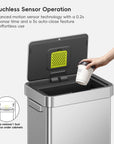 A hand places a paper cup into EKO trash can featuring a touchless sensor. Text reads: "Touchless Sensor Operation. Advanced motion sensor technology with a 0.2s response time and a 5s auto-close feature for effortless use. Keep a minimal 1 foot clearance under cabinets."