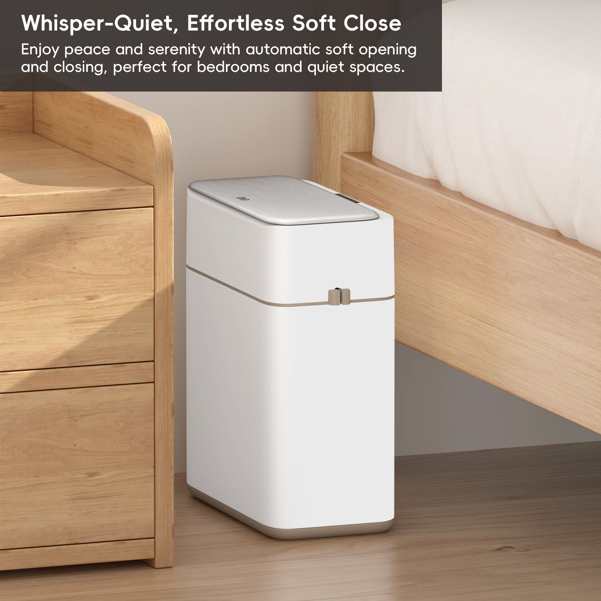 EKO Bono Sensor Bathroom Trash Can with Lid - 8L/2.1 Gallon - White – Whisper-Quiet, Effortless Soft Close - Enjoy peace and serenity with automatic soft opening and closing, perfect for bedrooms and quiet spaces