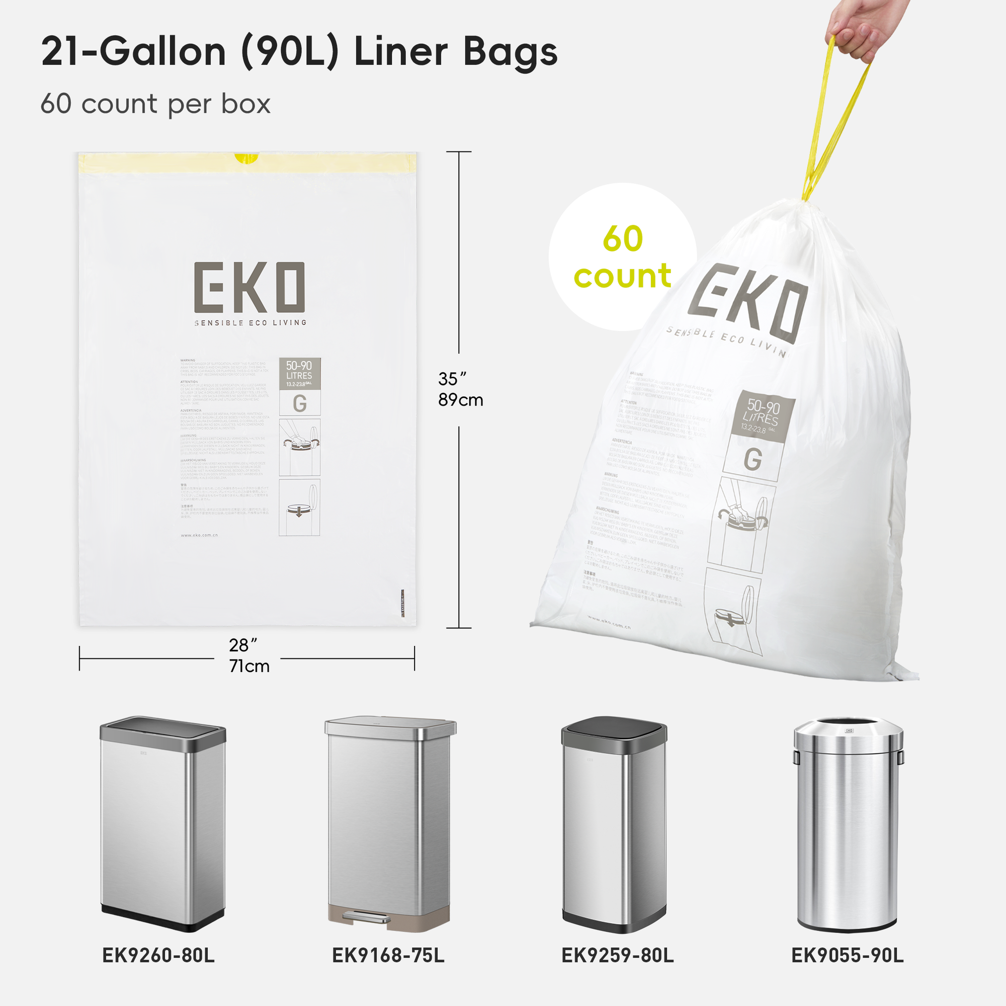 EKO 21-gallon liner bags with dimensions, count, and compatibility with various trash cans.