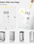 EKO 21-gallon liner bags with dimensions, count, and compatibility with various trash cans.