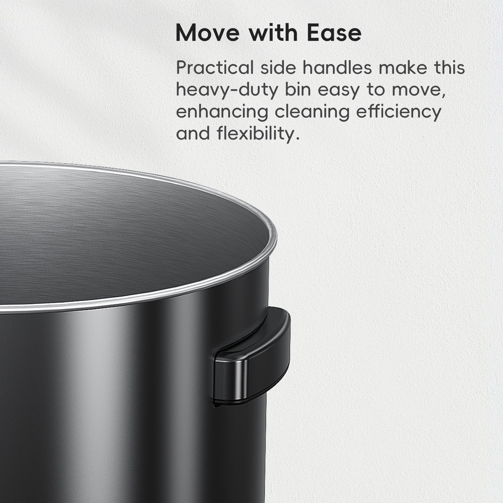 EKO Urban Round Open Top Can Commercial Grade 120L / 32 Gal Black Stainless Steel – Move with Ease - Practical side handles make this heavy-duty bin easy to move, enhancing cleaning efficiency and flexibility