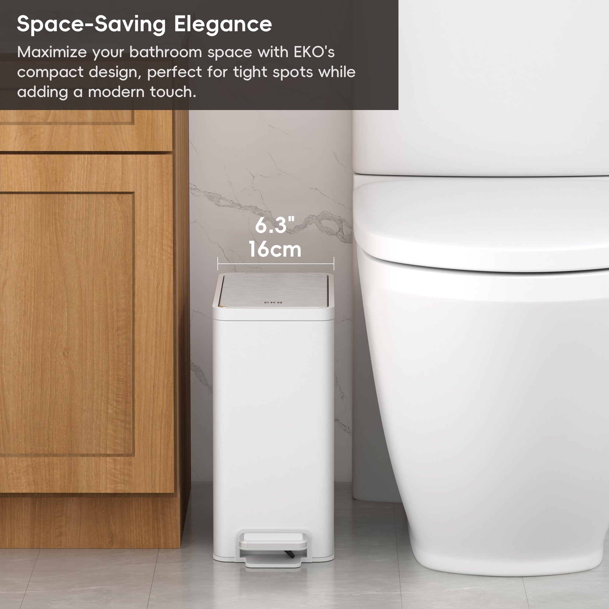 EKO EcoCasa II Slim Step Can with Liner 6L / 1.6 Gal Matte White Trash Can – Space-Saving Elegance - Maximize your bathroom space with EKOs compact design, perfect for tight spots while adding a modern touch
