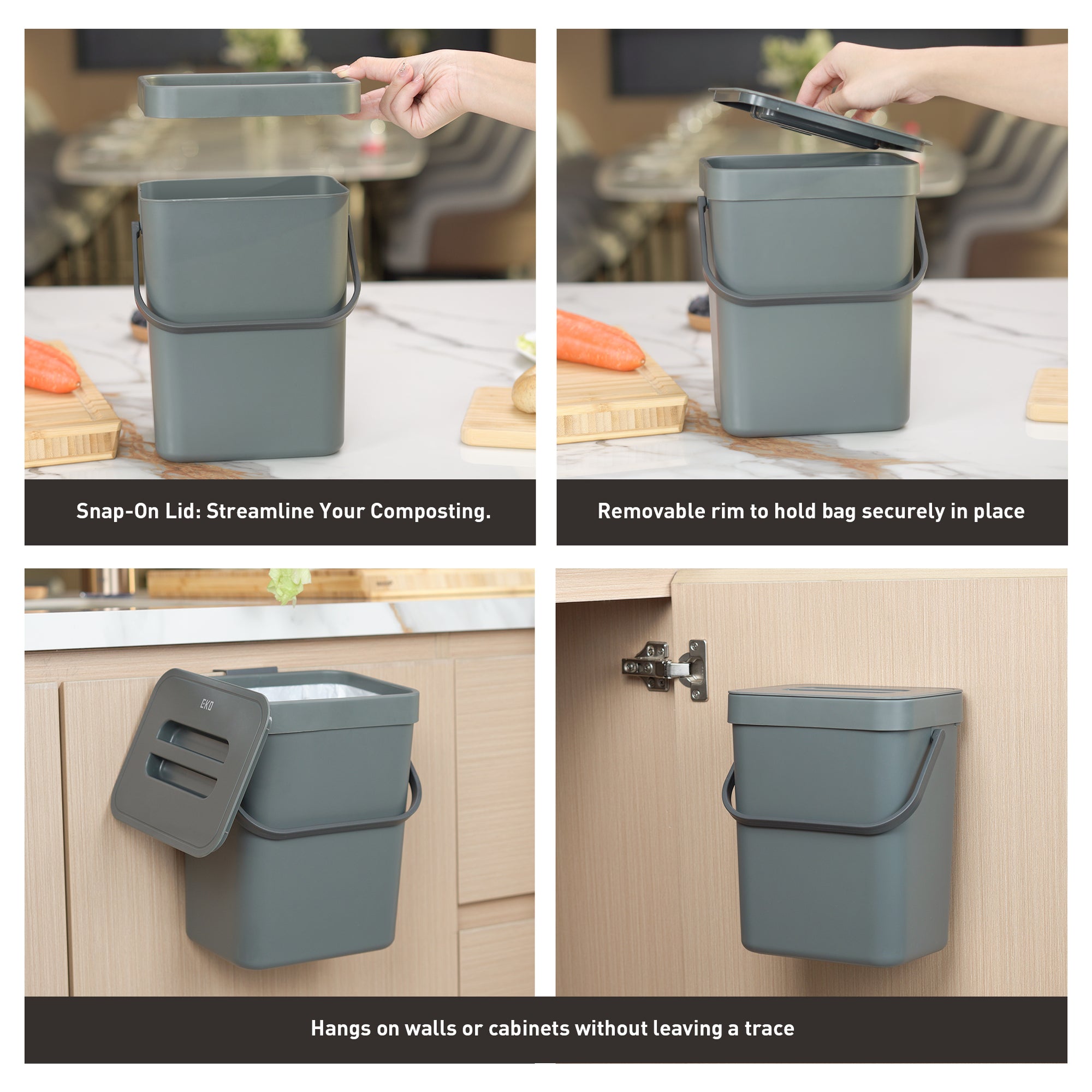 EKO Puro Compost Bin with Lid - Dark Gray 5L / 1.32 Gal – Easy Lid - Hangs on walls and cabinets