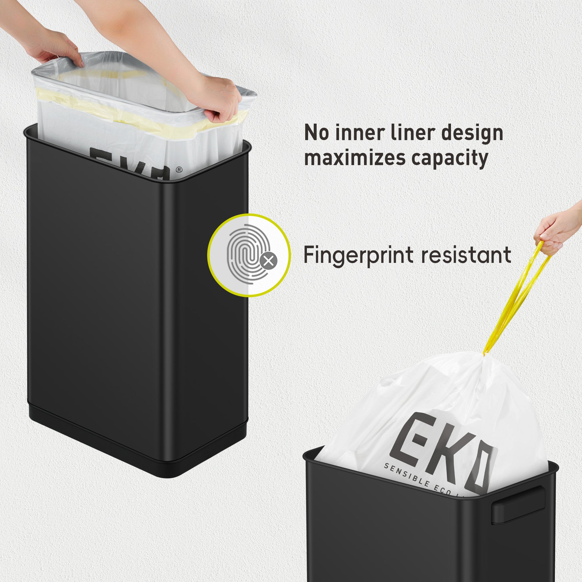 EKO Deluxe Mirage-T Sensor Can - 50L / 13.2 Gal, Matte Black – No inner liner design maximizes capacity