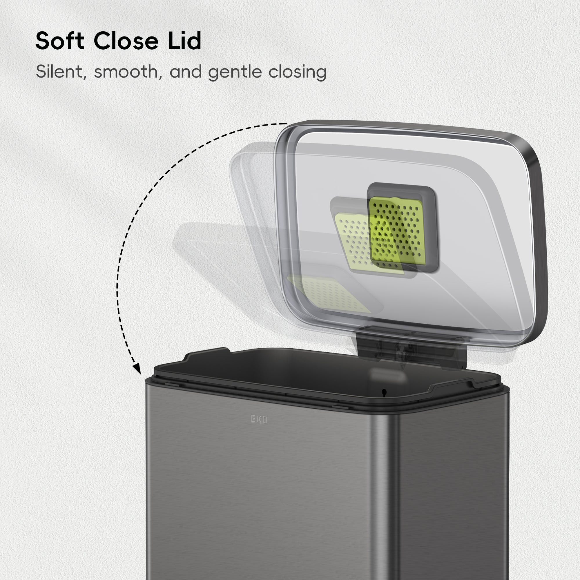 EKO Madison Gunmetal Steel 50 Liter/13.2 Gallon Step Trash Can with Inner Liner – Soft Close Lid - Silent, smooth, and gentle closing