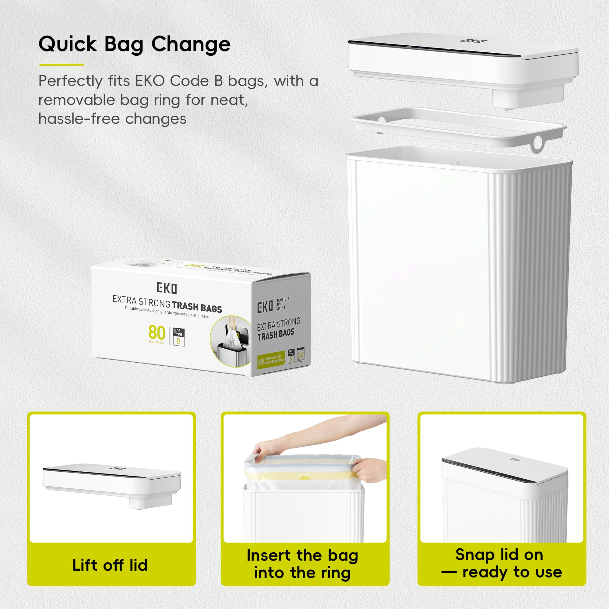 EKO Brio 10L / 2.6 Gallon in White Compact Design Motion Sensor Trash Can – Quick Bag Change