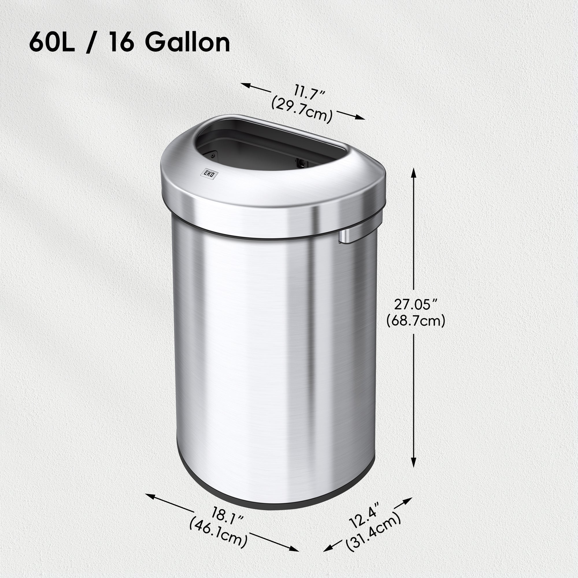 EKO Urban Semi-Round Open Top Can Commercial Grade – 60L / 16 Gal – Dimensions