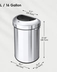 EKO Urban Semi-Round Open Top Can Commercial Grade – 60L / 16 Gal – Dimensions