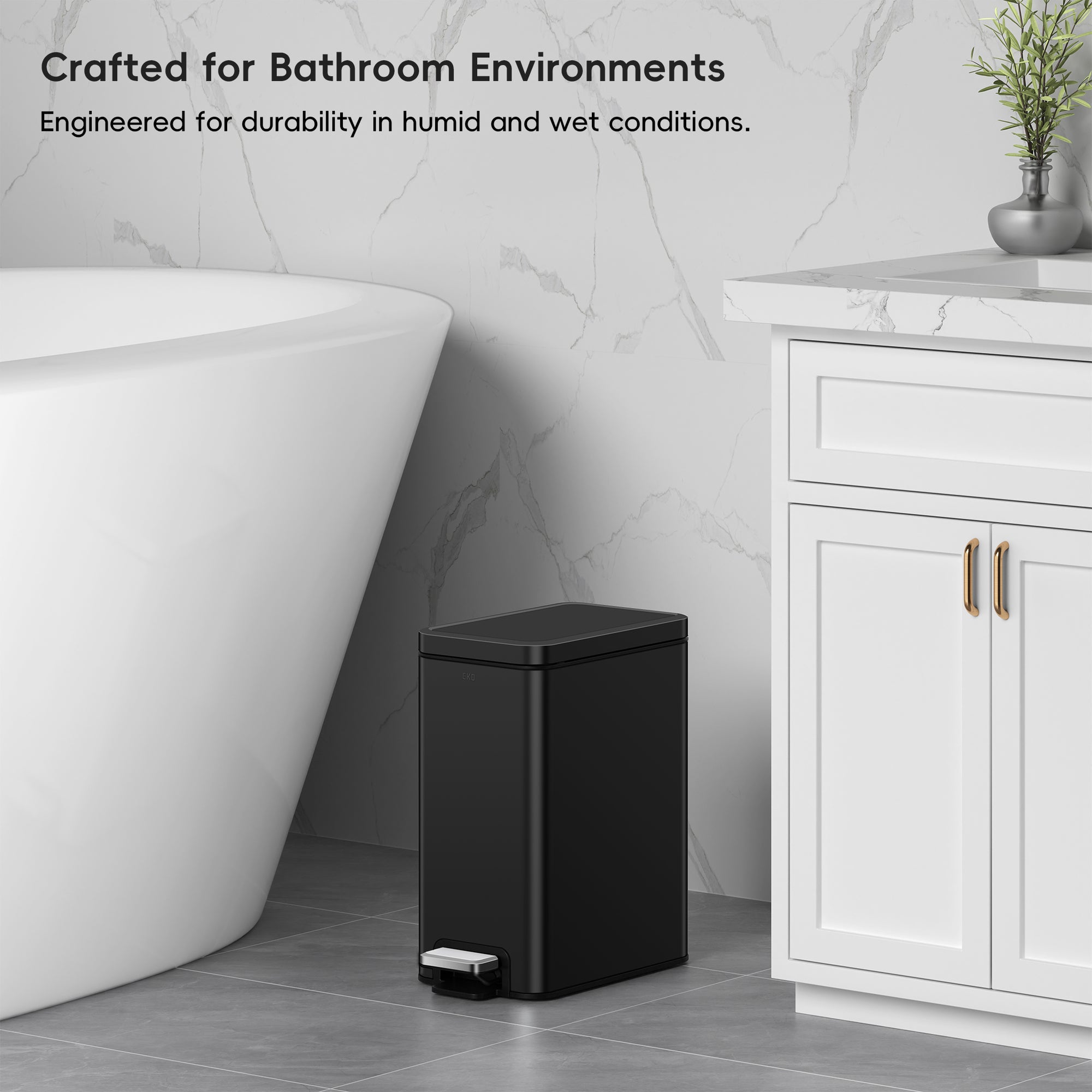 EKO Stella 10 L/2.6 Gal Small Bathroom Step Trash Can - Matte Black – Crafted for Bathroom Environments - Engineered for durability in humid and wet conditions