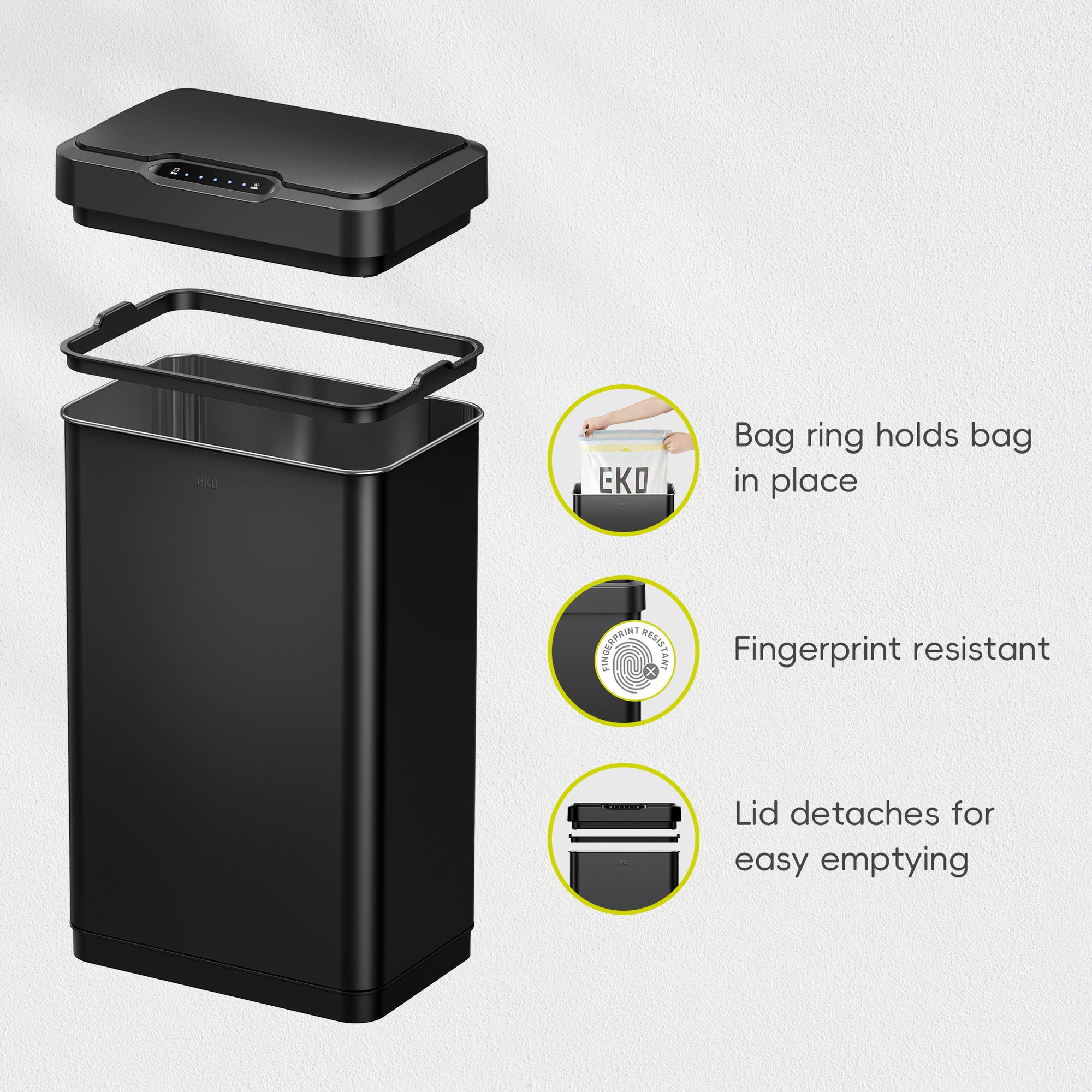 EKO Mirage-T  50Liter / 13.2 Gallon  Stainless Steel Motion Sensor Trash Can - Matte Black – Bag ring holds in place - Fingerprint resistant - 
Lid detaches for easy emptying