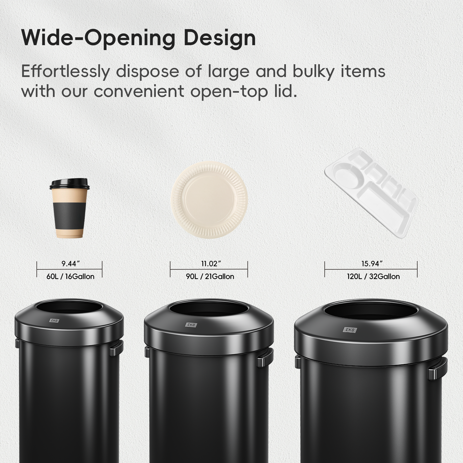 EKO Urban Round Open Top Can Commercial Grade 60L / 16 Gal Black Stainless Steel Trash Can – Wide-Opening Design - Effortlessly dispose of large and bulky items with our convenient open-top lid