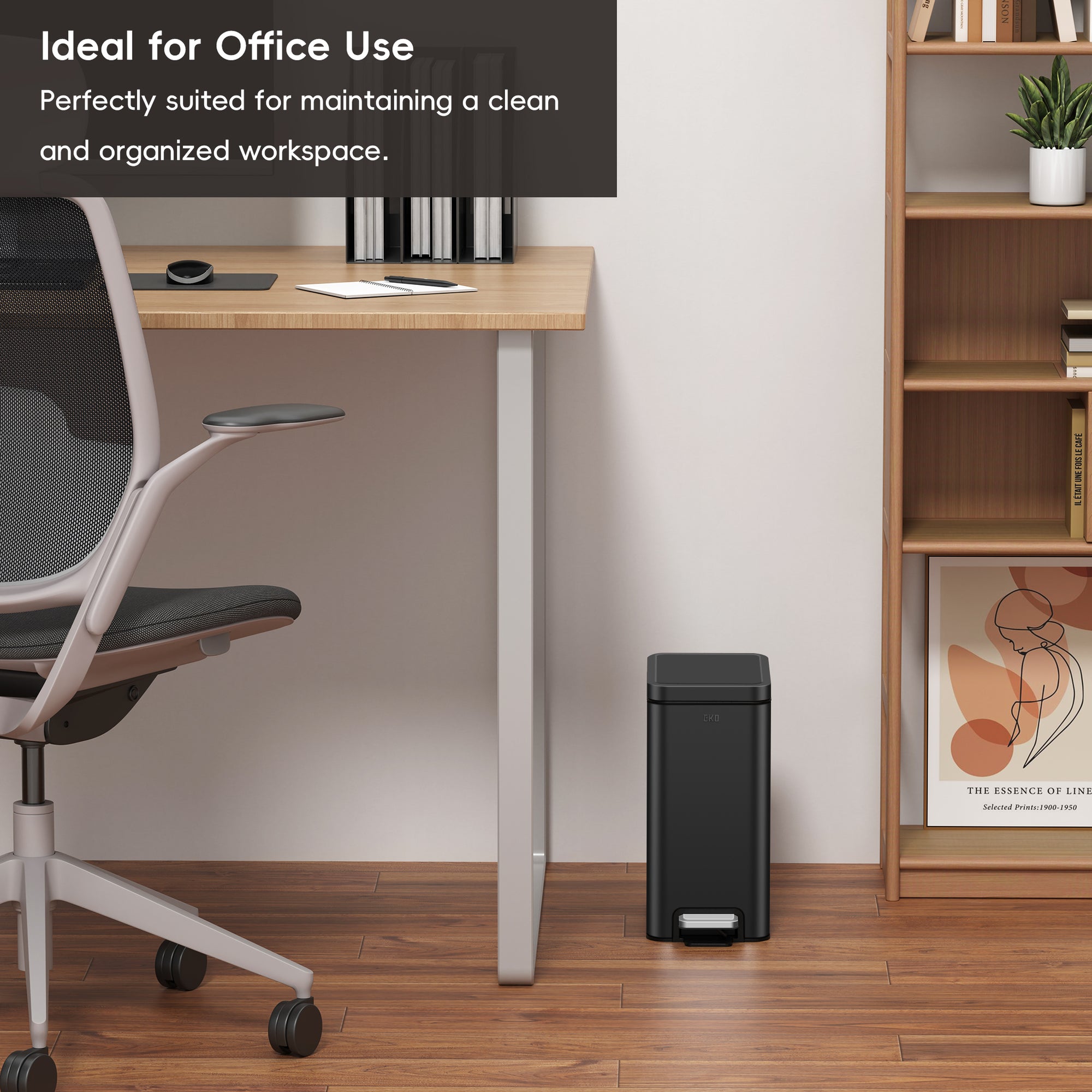 EKO Stella 6 L/1.6 Gal Small Bathroom Step Trash Can - Matte Black – Ideal for Office Use