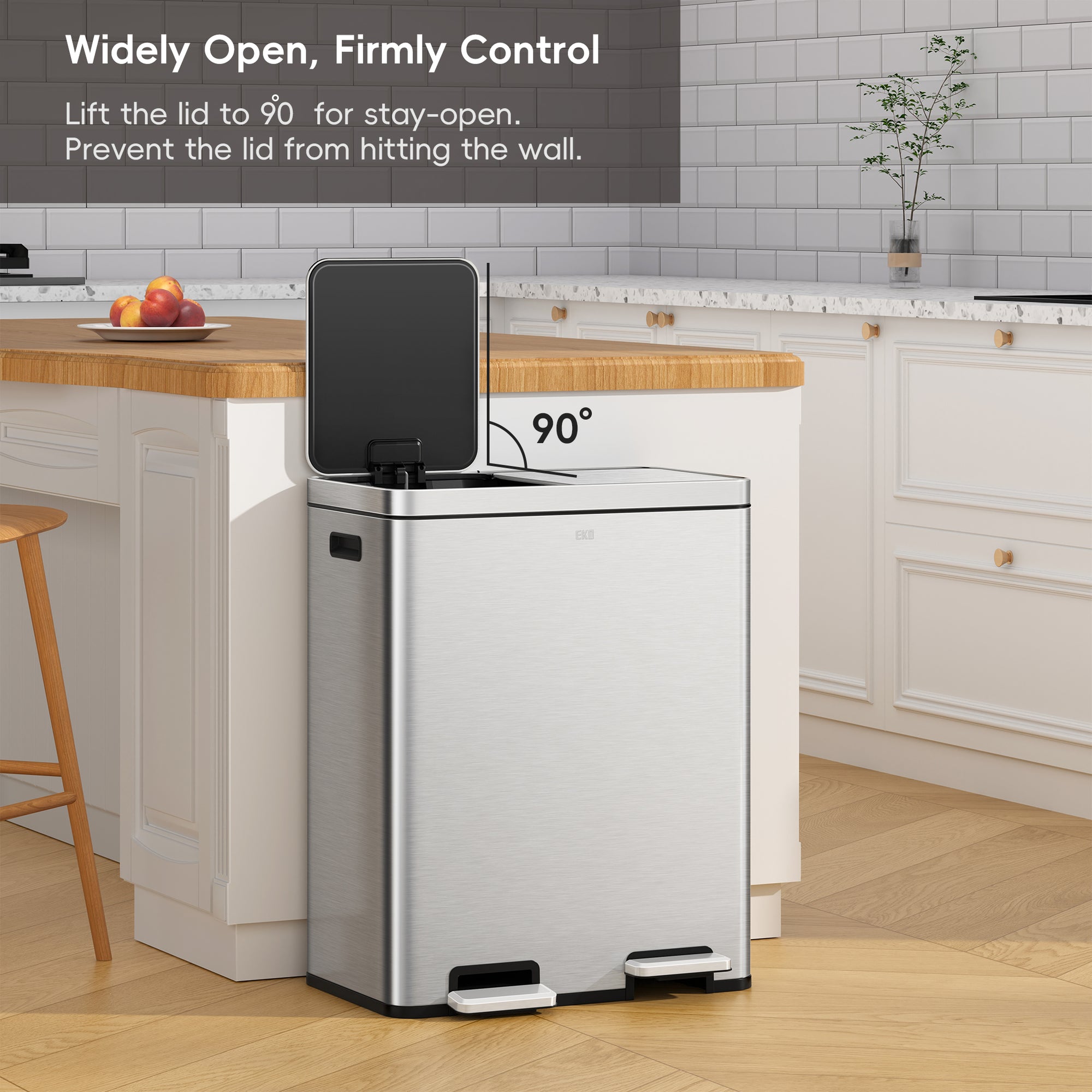EKO Edison Dual Kitchen Trash Can 8+8 Gallons with Dual Removable Inner Liners – Widely Open, Firmly Control
