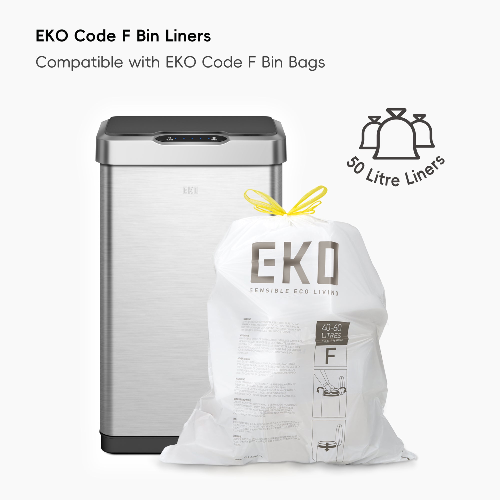 EKO Mirage-T 50 Liter / 13.2 Gallon Stainless Steel Motion Sensor Can – Compatible with EKO Code F Bin Bags