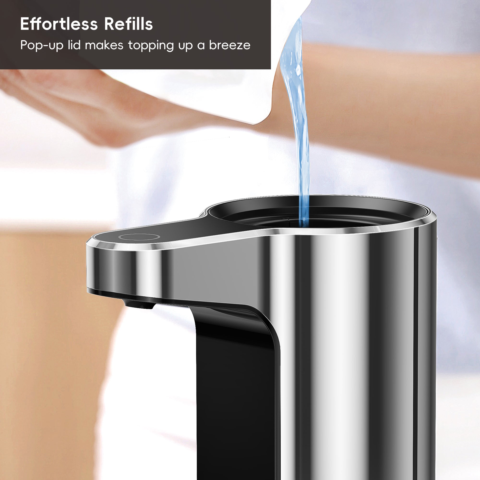 EKO Aroma Smart Liquid Soap Dispenser - Chrome Metallic – Effortless Refills - Pop-up lid makes topping up a breeze