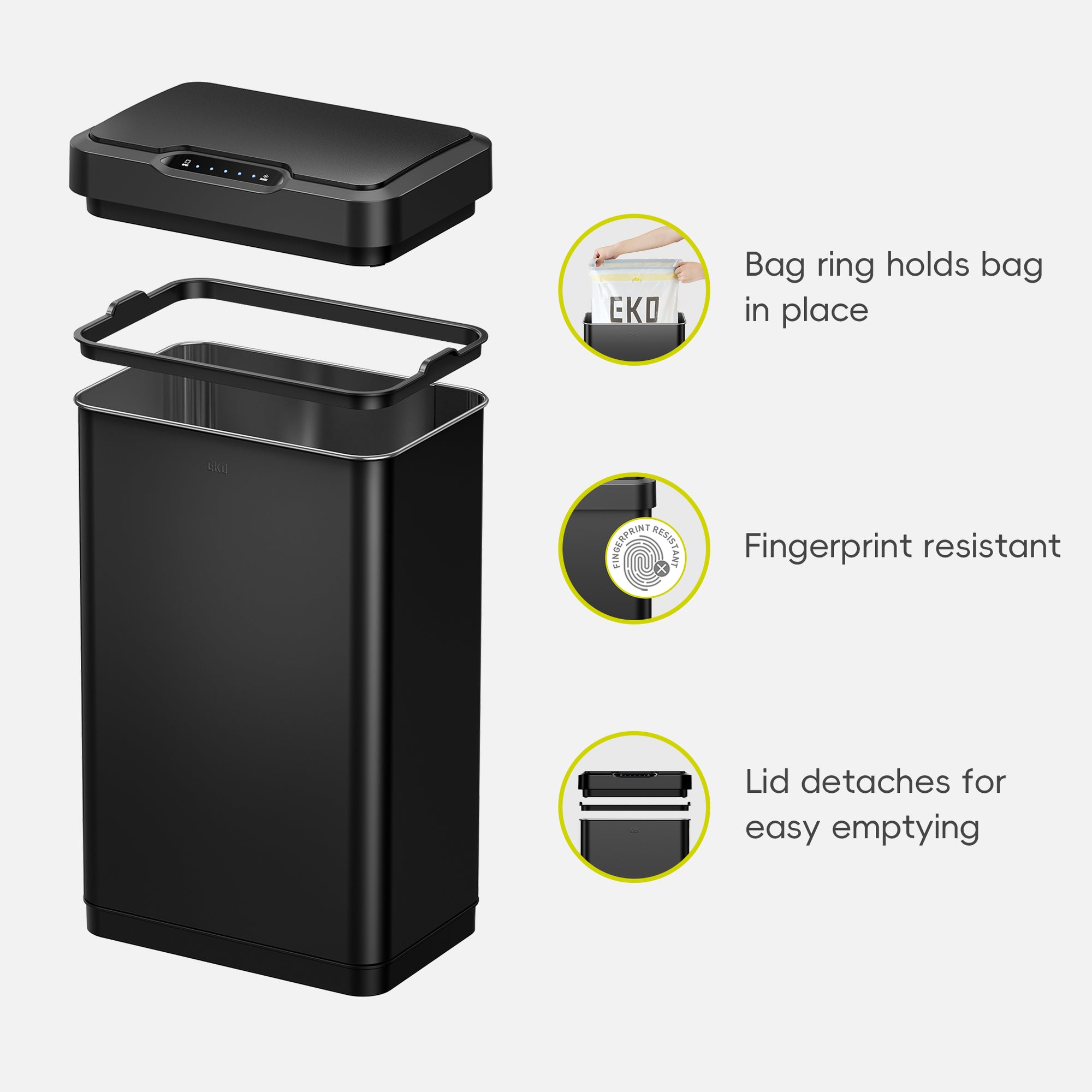 EKO Trash Can is showcased with diagrams illustrating its design features. Text highlights the "Bag ring holds a bag in place," "Fingerprint resistant," and "Detachable lid for easy emptying."