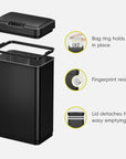 EKO Trash Can is showcased with diagrams illustrating its design features. Text highlights the "Bag ring holds a bag in place," "Fingerprint resistant," and "Detachable lid for easy emptying."