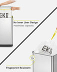 EKO trash can illustrating liner showing no inner liner design and fingerprint resistance features.