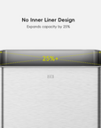 EKO trash can with text indicating no inner liner design and capacity expansion by 25%.
