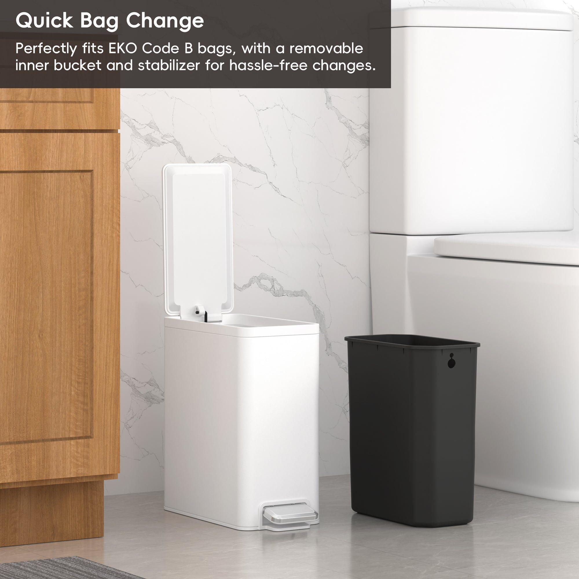 EKO EcoCasa II Slim Step Can with Liner 6L / 1.6 Gal Matte White Trash Can – Quick Bag Change - Perfectly fits EKO Code B bags, with a removable inner bucket and stabilizer for hassle-free changes