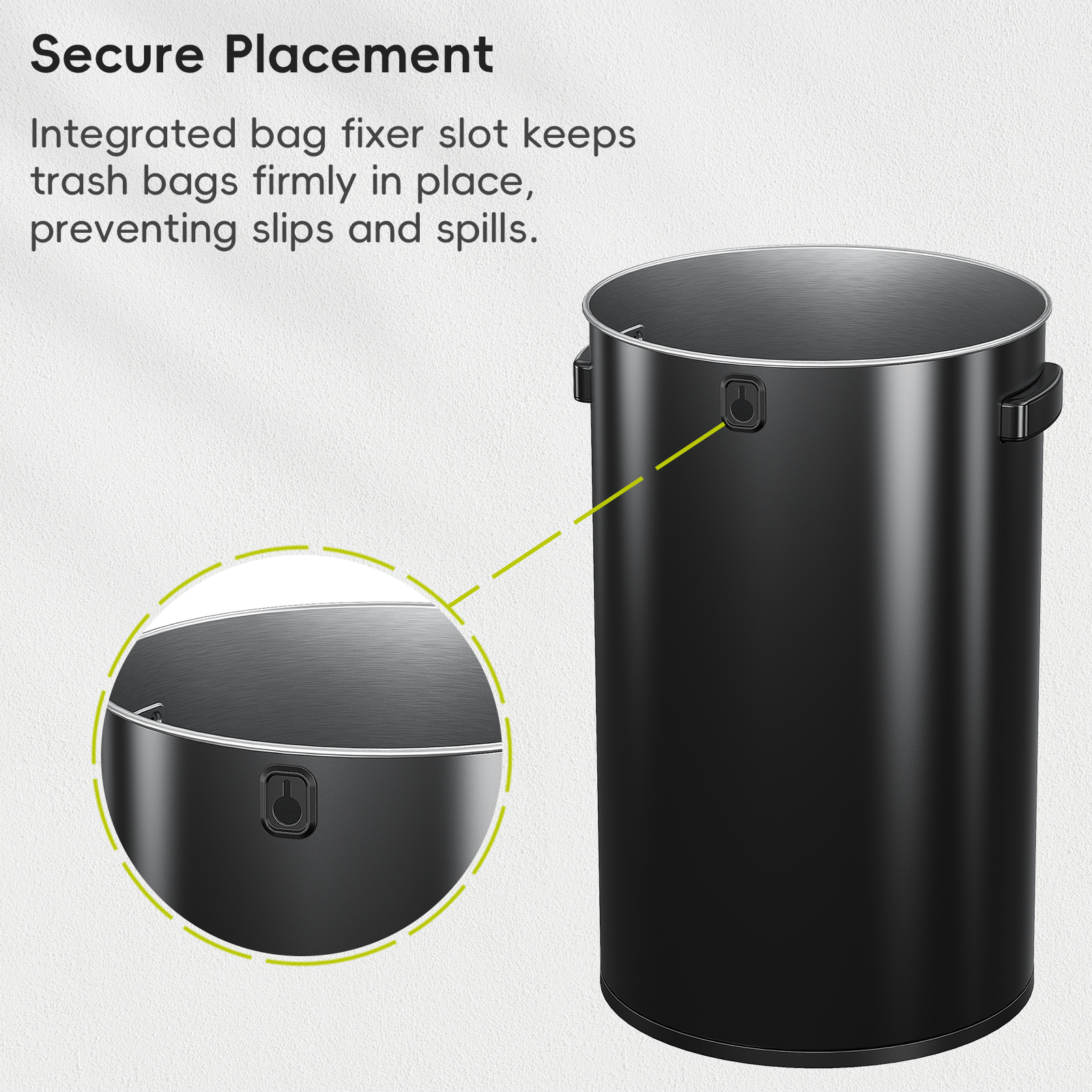 EKO Urban Round Open Top Can Commercial Grade 60L / 16 Gal Black Stainless Steel Trash Can – Secure Placement - Integrated bag fixer slot keeps trash bags firmly in place, preventing slips and spills