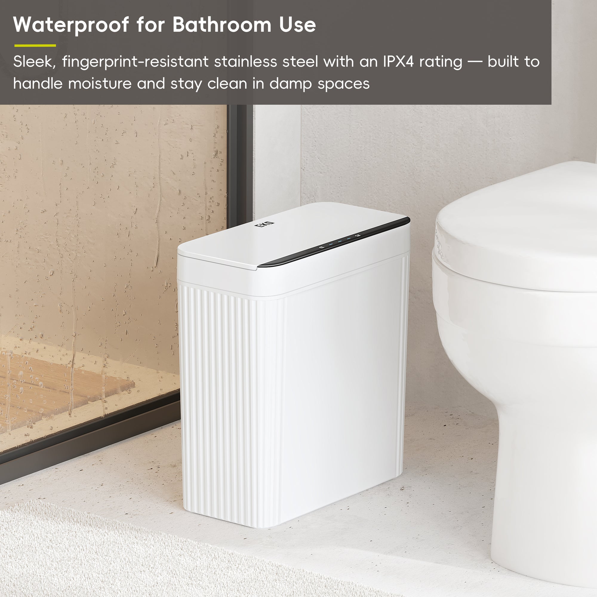 EKO Brio 10L / 2.6 Gallon in White Compact Design Motion Sensor Trash Can – Waterproof for Bathroom Use
