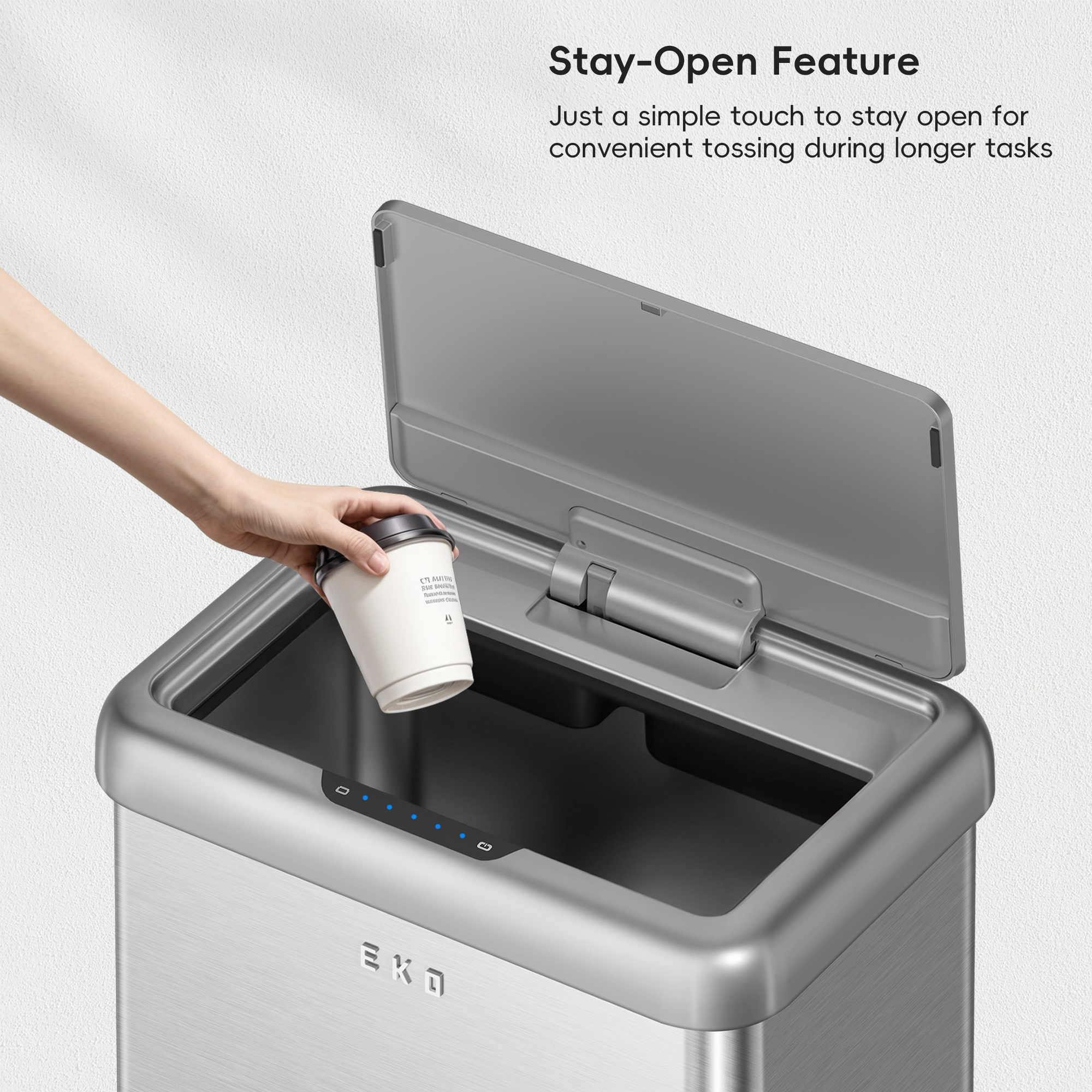 EKO Vintage Dual Compartment 32L + 18L Stainless Steel Motion Sensor Trash Can – Stay-Open Feature - Just a simple touch to stay open for convenient tossing during longer tasks