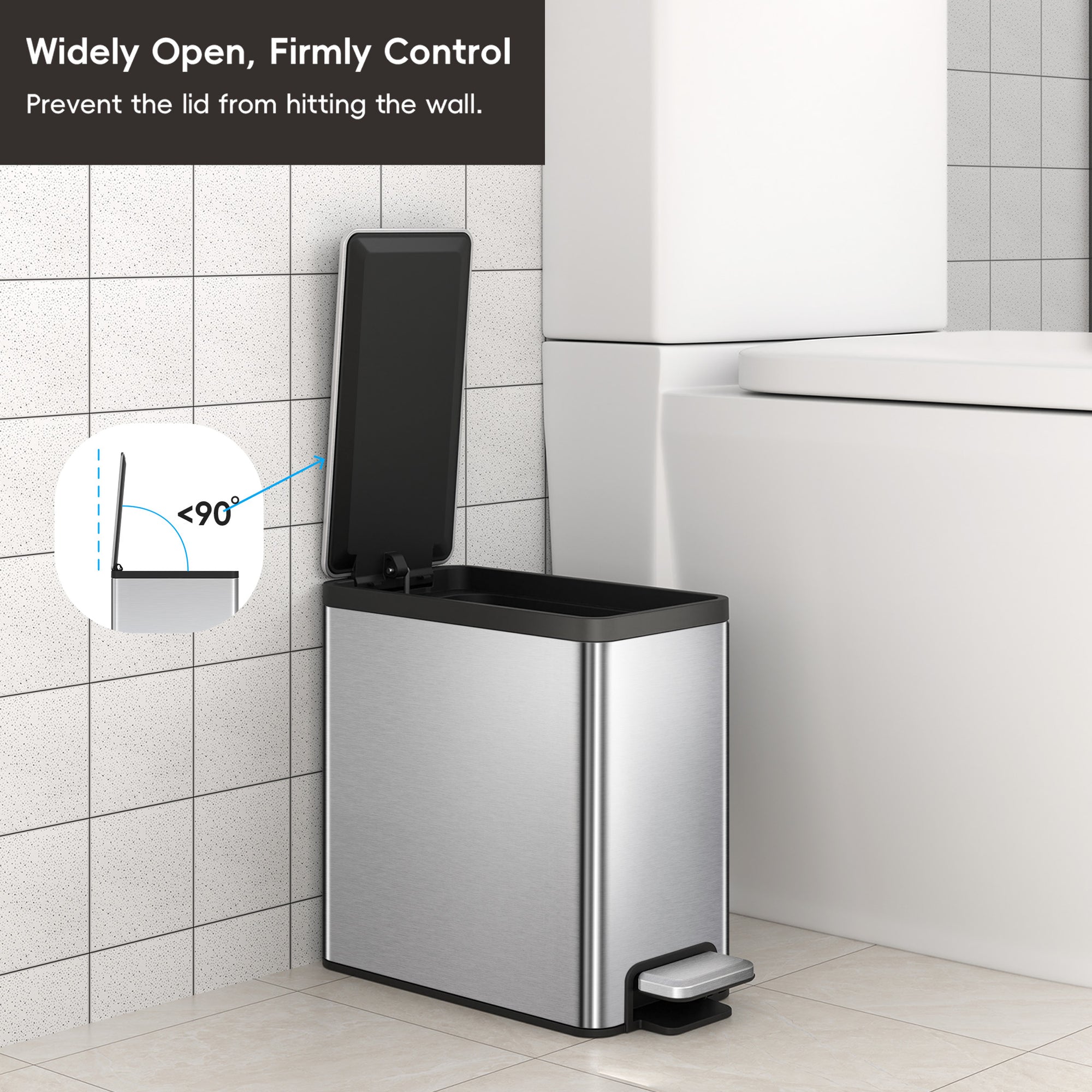 EKO EcoCasa II Slim Step Trash Can with Liner - 6L / 1.6 Gal - Matte Stainless Steel – Widely Open, Firmly Control - Prevent the lid from hitting the wall