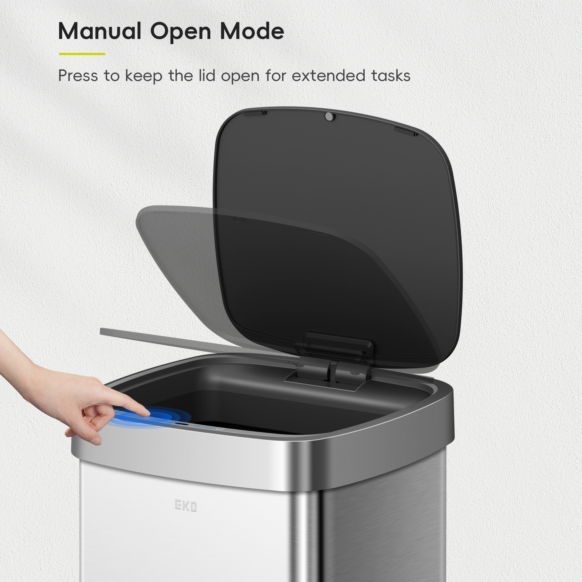EKO Ecosmart Sensor Can - 80L / 21.1 Gal Tall and Large Kitchen Trash Can – Manual Open Mode - Press to keep the lid open for extended tasks