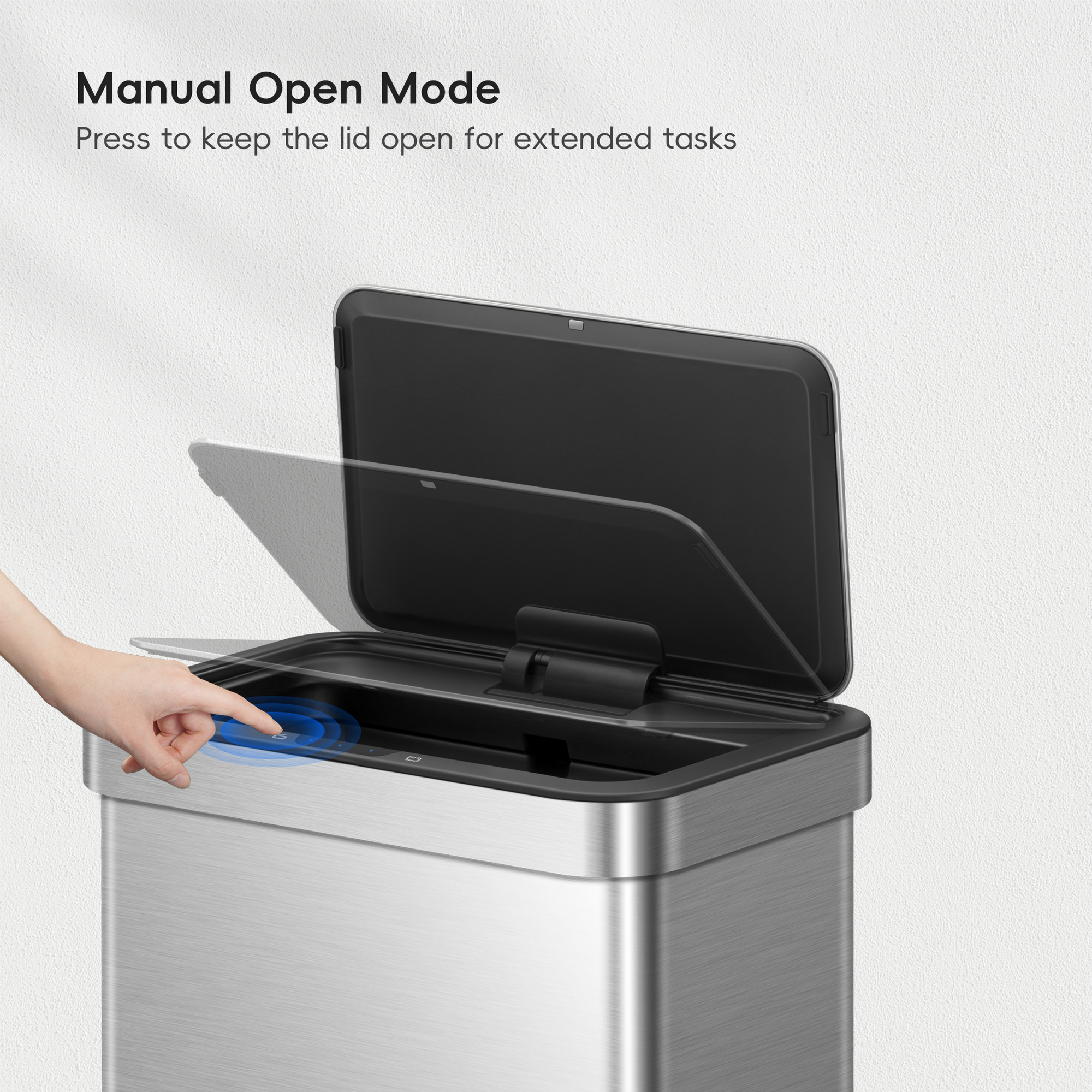 EKO Nova 21 Gallon/80 Liter Stainless Steel Motion Sensor Trash Can – Manual Open Mode - Press to keep the lid open for extended tasks