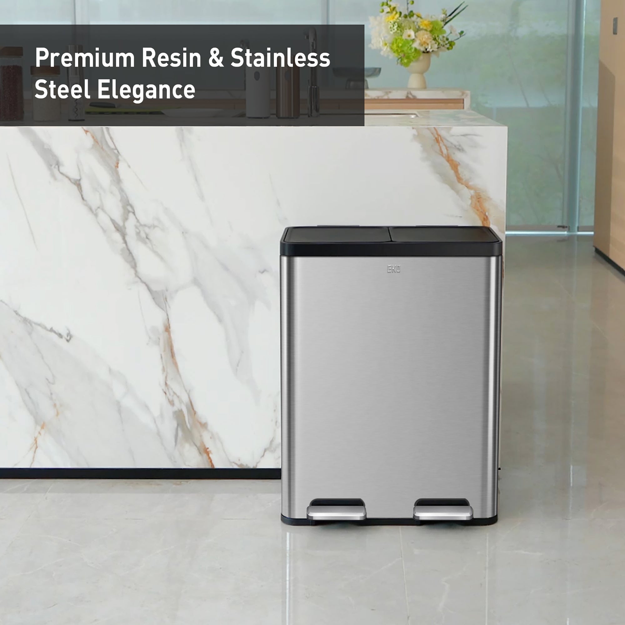 EKO Essential Step Recycling Can - Dual Compartment 30L+30L – Premium Resin & Stainless Steel Elegance