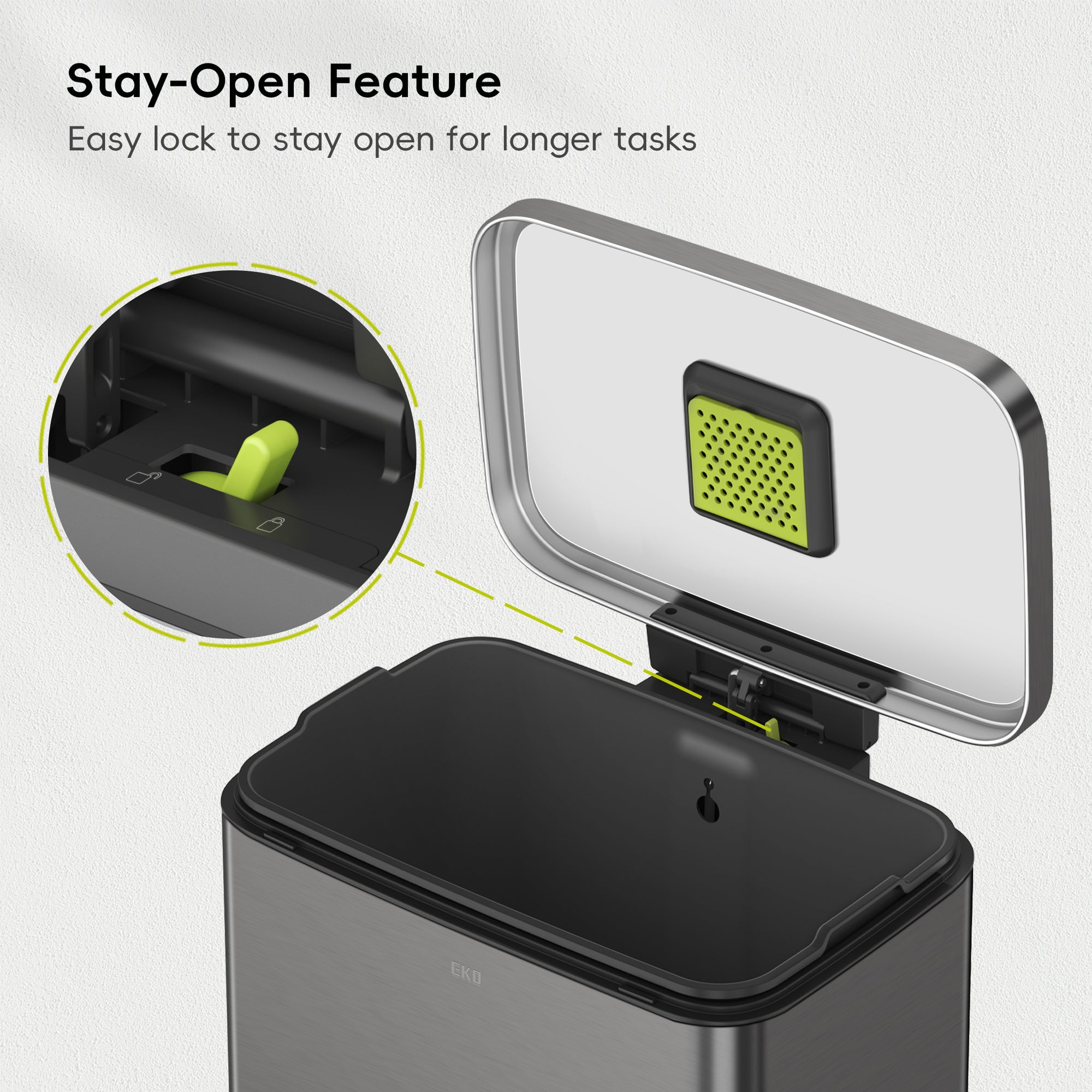 EKO Madison Gunmetal Steel 50 Liter/13.2 Gallon Step Trash Can with Inner Liner – Stay-Open Feature - Easy lock to stay open for longer tasks