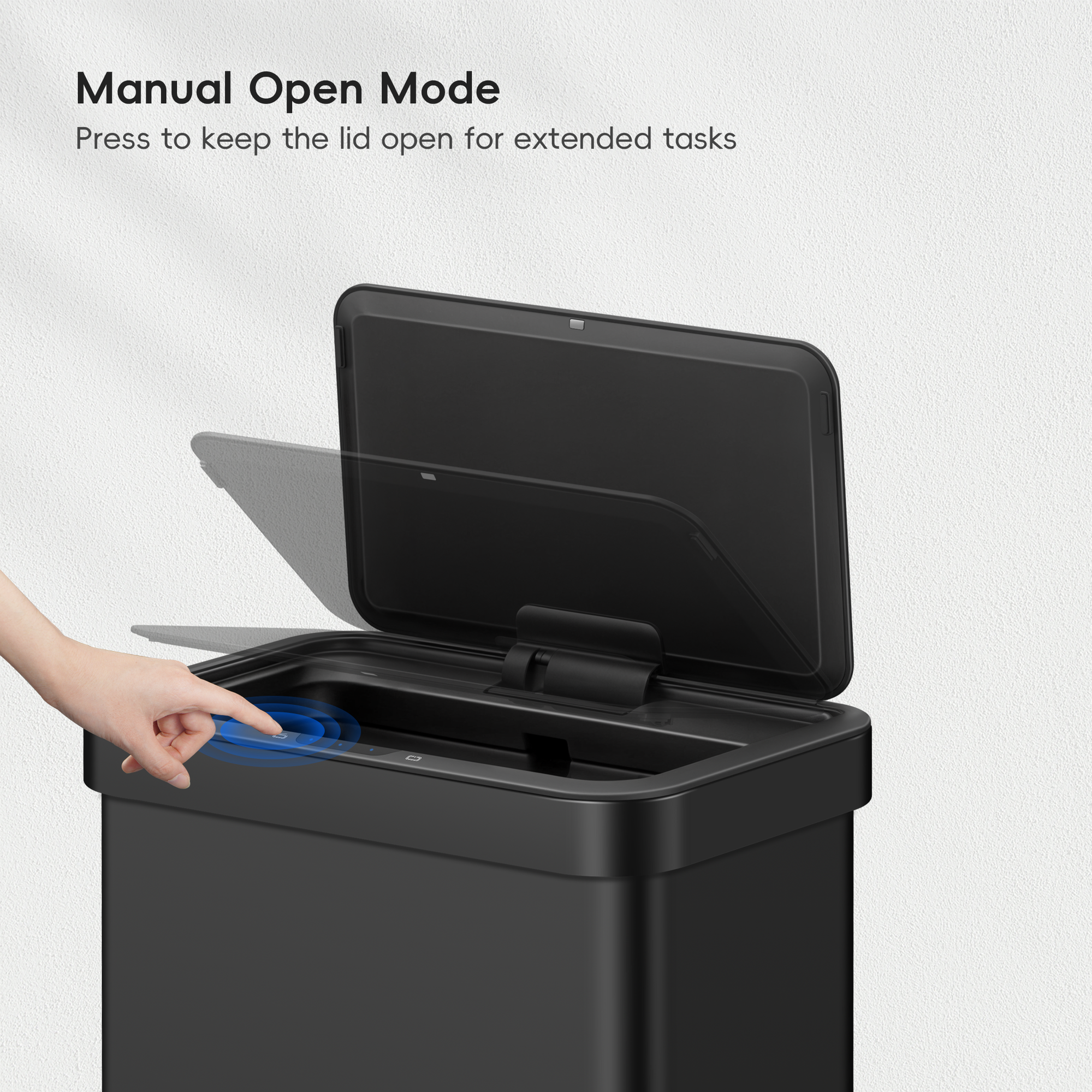 EKO Nova 21 Gallon/80 Liter Black Stainless Steel Rectangular Touchless Motion Sensor Trash Can – Manual Open Mode - Press to keep the lid open for extended tasks