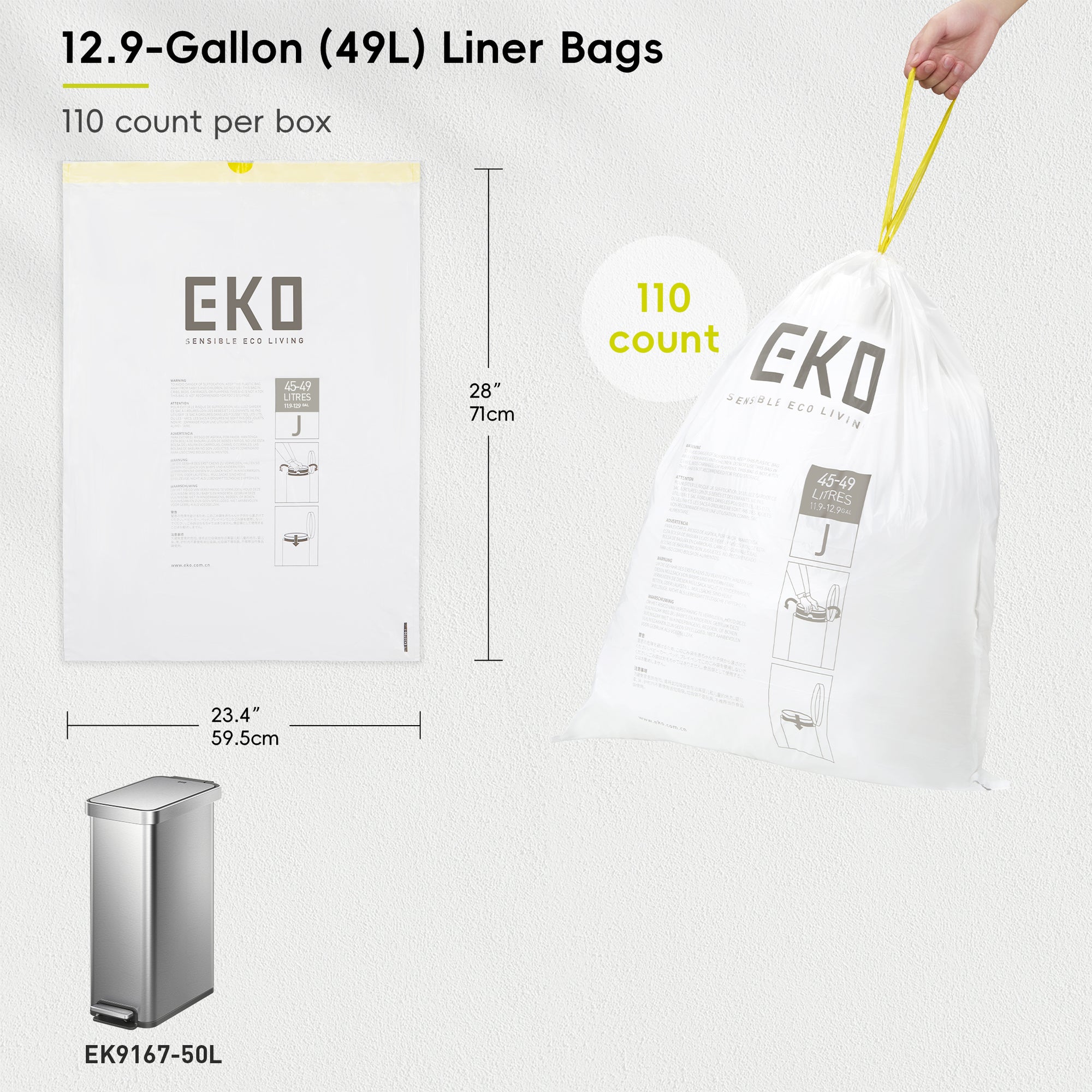 Code J - 12.9 Gallon (45-49L) Easy-Dispense Roll Trash Bag - 110 Count