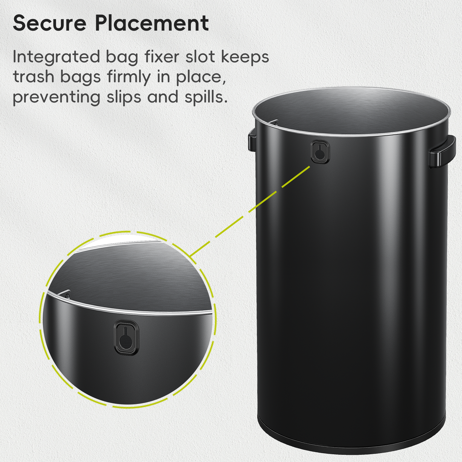 EKO Urban Round Open Top Can Commercial Grade 90L / 23.7 Gal Black Stainless Steel Trash Can – Secure Placement - Integrated bag fixer slot keeps trash bags firmly in place, preventing slips and spills