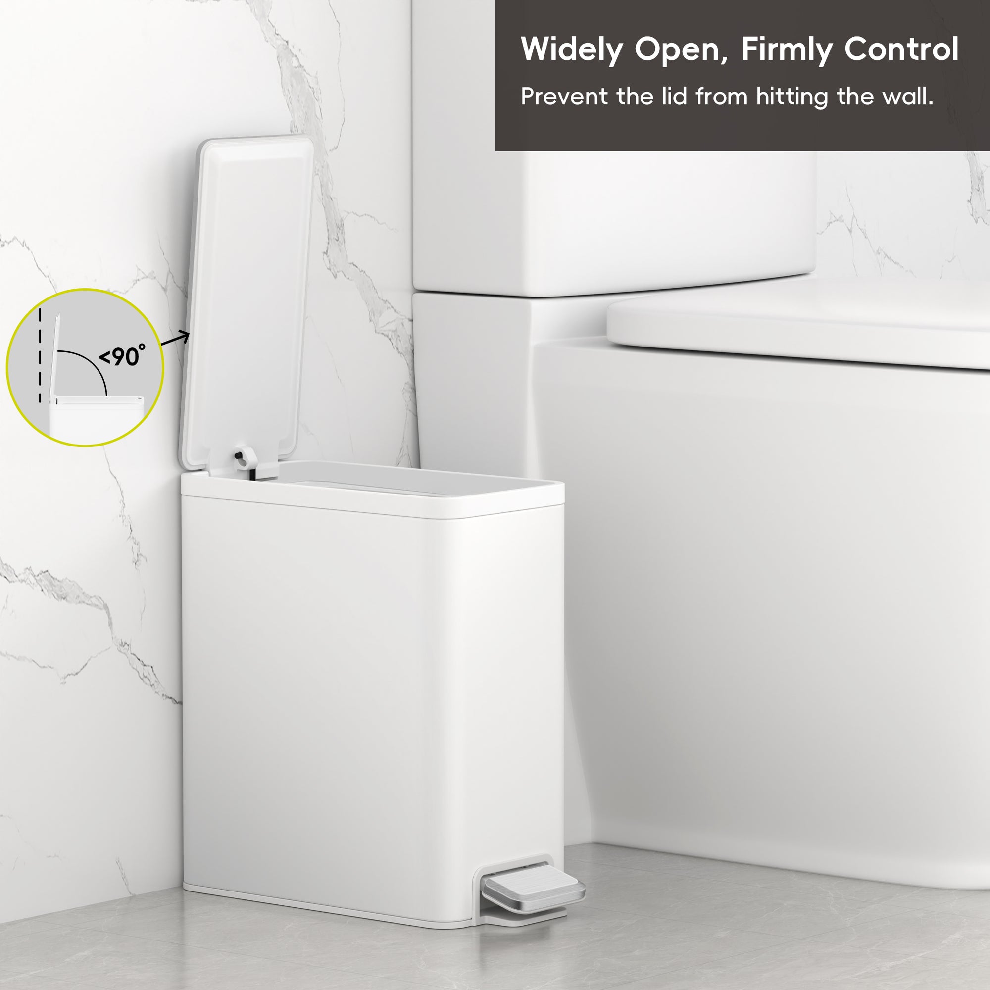 EKO EcoCasa II Slim Step Can with Liner 6L / 1.6 Gal Matte White Trash Can – Widely Open, Firmly Control Prevent the lid from hitting the wall