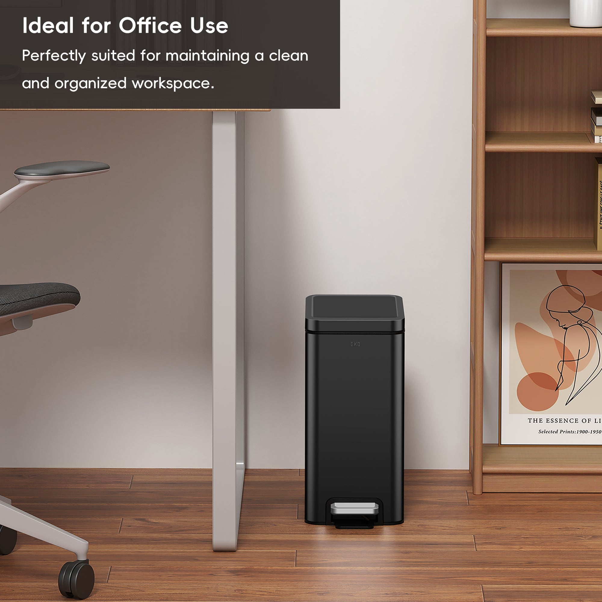 EKO Stella 10 L/2.6 Gal Small Bathroom Step Trash Can - Matte Black – Ideal for Office Use - Perfectly suited for maintaining a clean and organized workspace