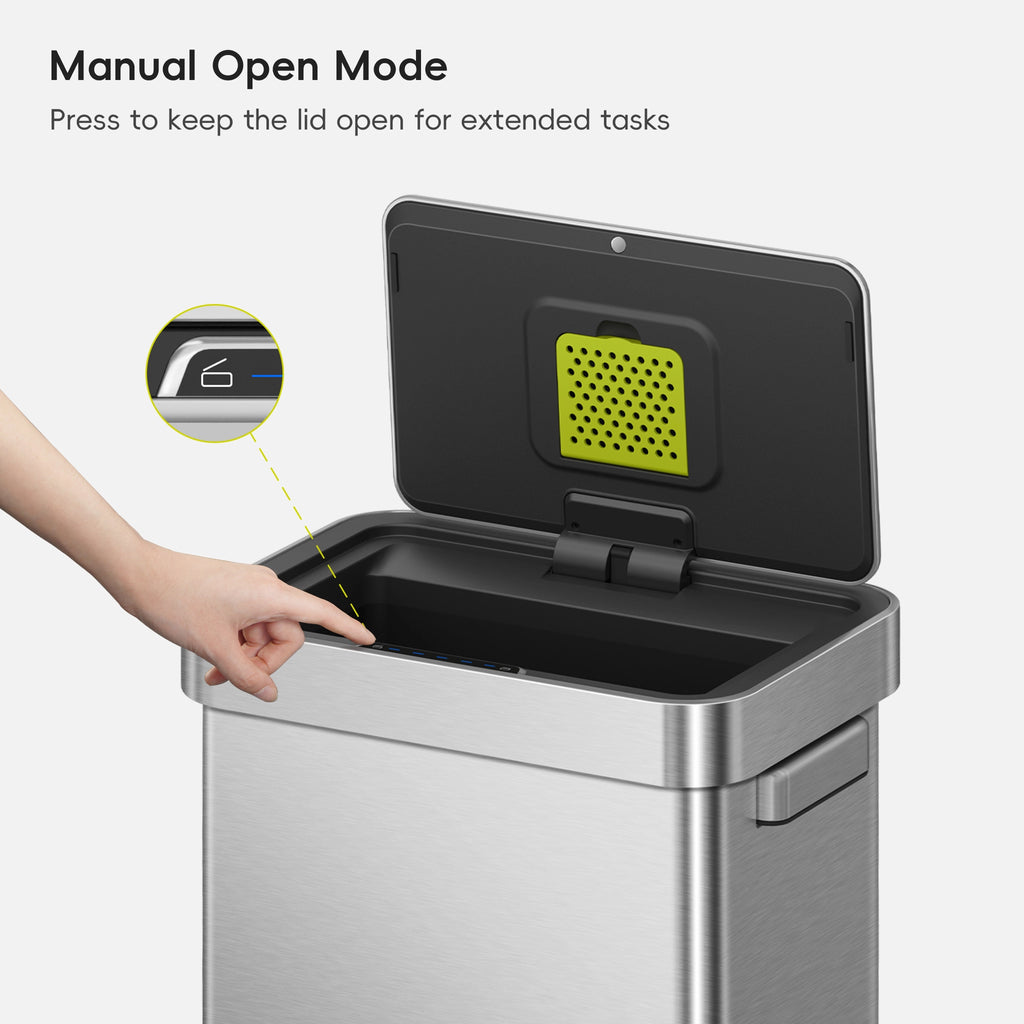 A hand interacts with an EKO trash can lid. Text labels this process: "Manual Open Mode. Press to keep the lid open for extended tasks."