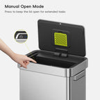 A hand interacts with an EKO trash can lid. Text labels this process: "Manual Open Mode. Press to keep the lid open for extended tasks."