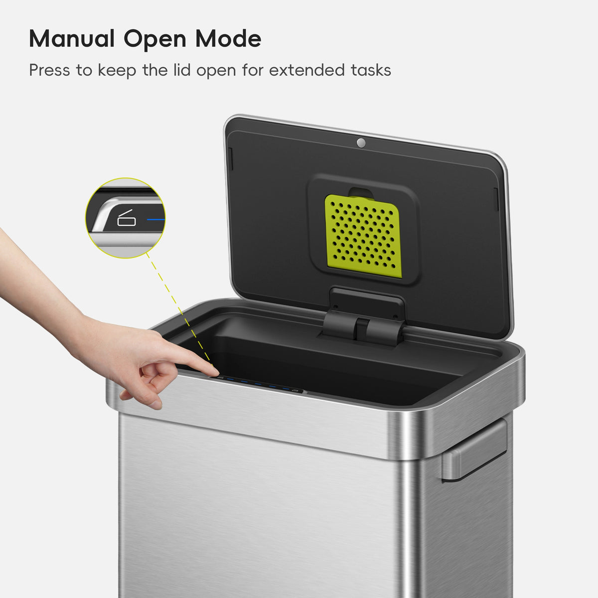 A hand interacts with an EKO trash can lid. Text labels this process: "Manual Open Mode. Press to keep the lid open for extended tasks."
