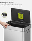 A hand interacts with an EKO trash can lid. Text labels this process: "Manual Open Mode. Press to keep the lid open for extended tasks."