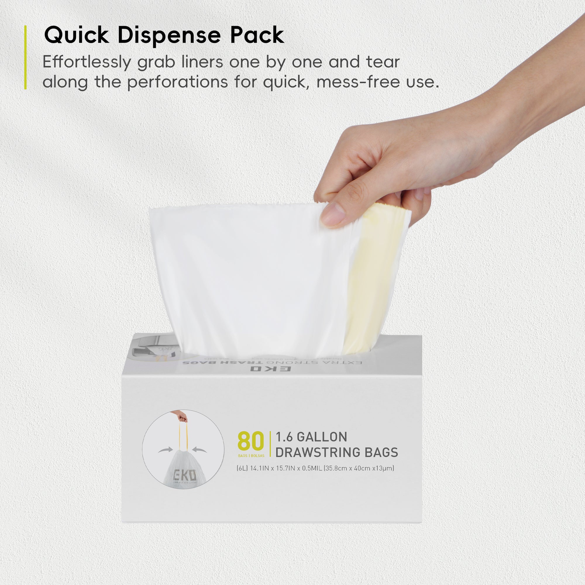 EKO Code A - 1.6 Gallon Easy-Dispense Roll Trash Bag - 80 Count (3-6L) – Quick Dispense Pack