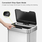 EKO Trash Can with open lid and hand pressing the "Stay Open Mode" button.