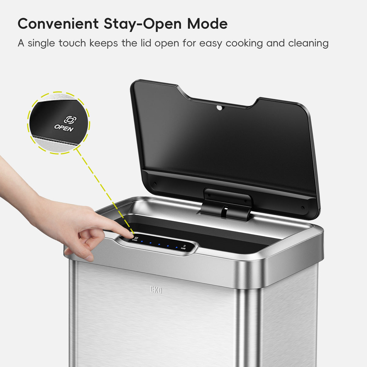 EKO Trash Can with open lid and hand pressing the "Stay Open Mode" button.