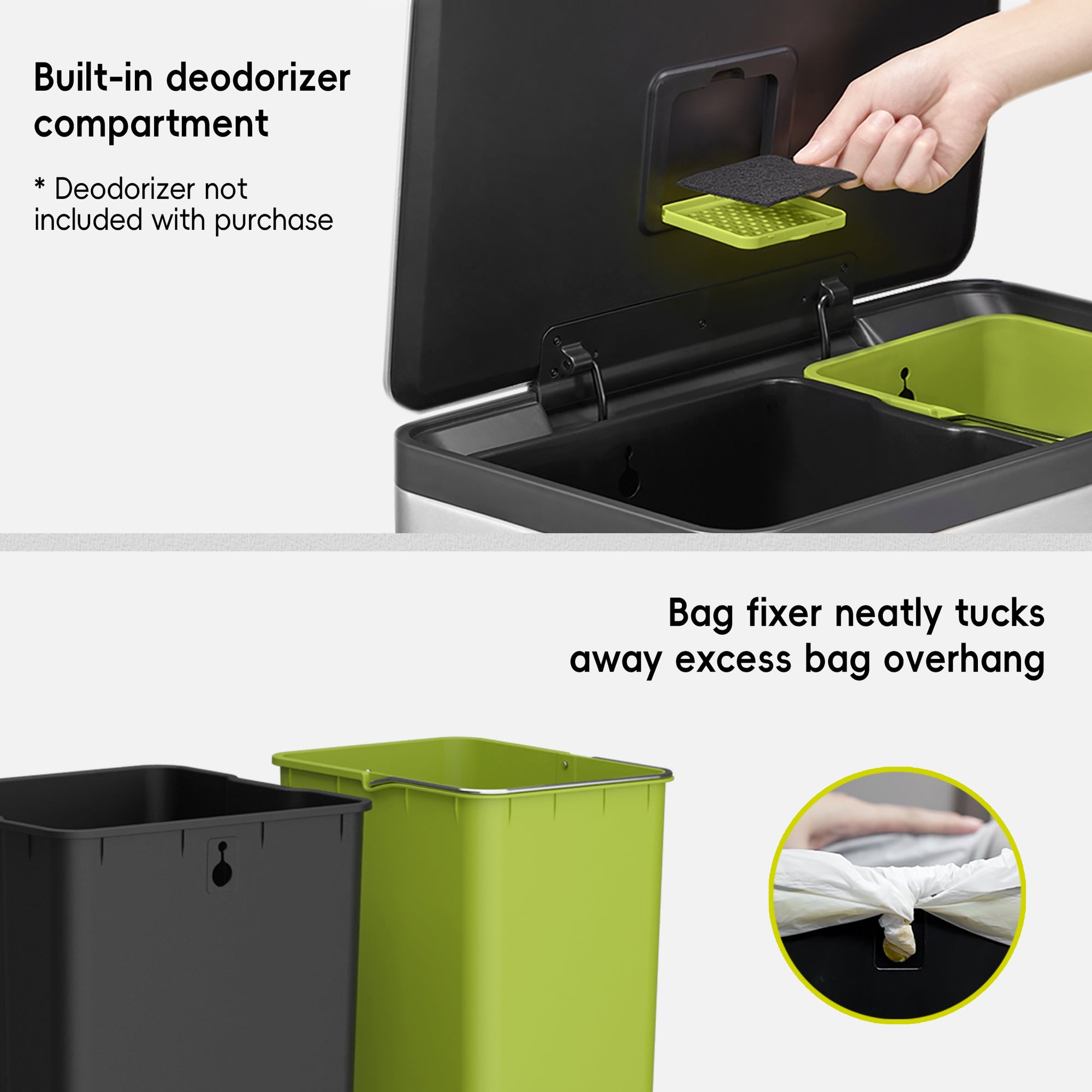 EKO EcoCasa II Step Recycling Can - Dual Compartment 36L+24L – Built-in deodorizer compartment - Bag fixer neatly tucks away excess bag overhang