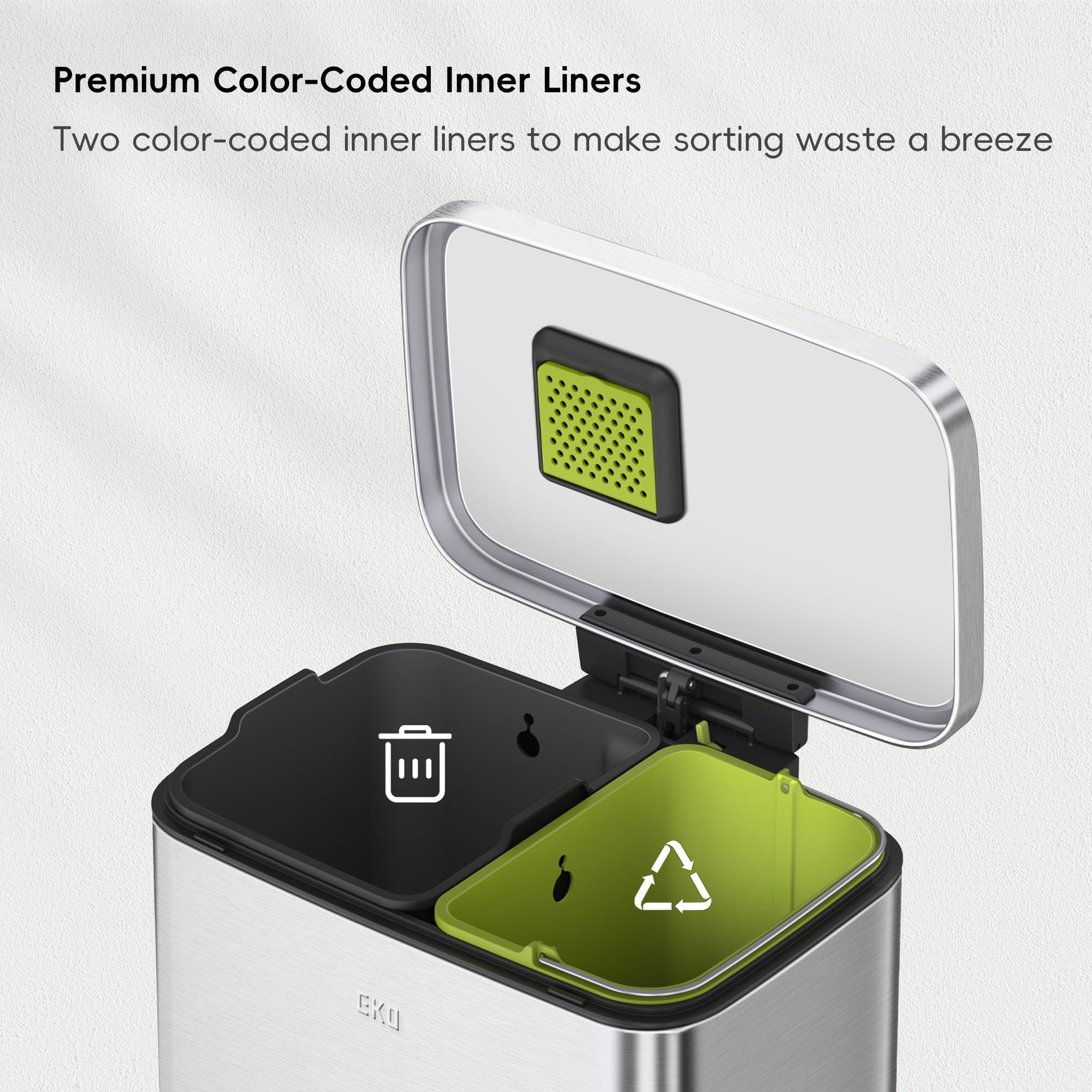 EKO Madison 25L+20L Dual Compartment Step Trash Can - Brushed Stainless – Premium Color-Coded Inner Liners - Two color-coded inner liners to make sorting waste a breeze